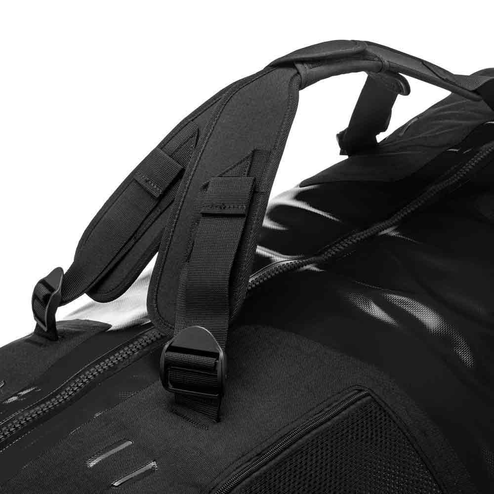 Close-up of Ortlieb Duffle RS Travel Bag 140L shoulder straps, showcasing padded ergonomic design for comfortable carrying.