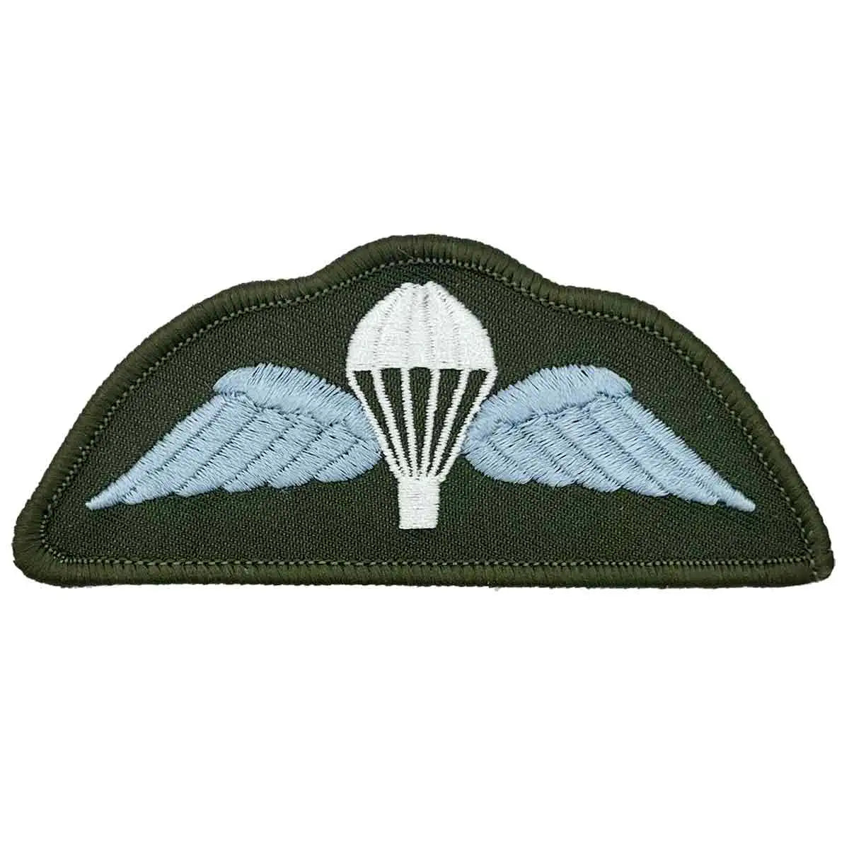 Single Para Airborne Wings patch with blue/white embroidery on green fabric, hook & loop backing for military uniforms by John Bulls. Blue (Coloured) from John Bull Clothing