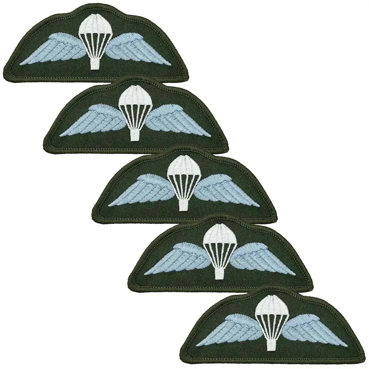 Pack of five Para Airborne Wings patches in blue/white embroidery, hook & loop backed for tactical military use by John Bulls. Blue (Coloured) from John Bull Clothing