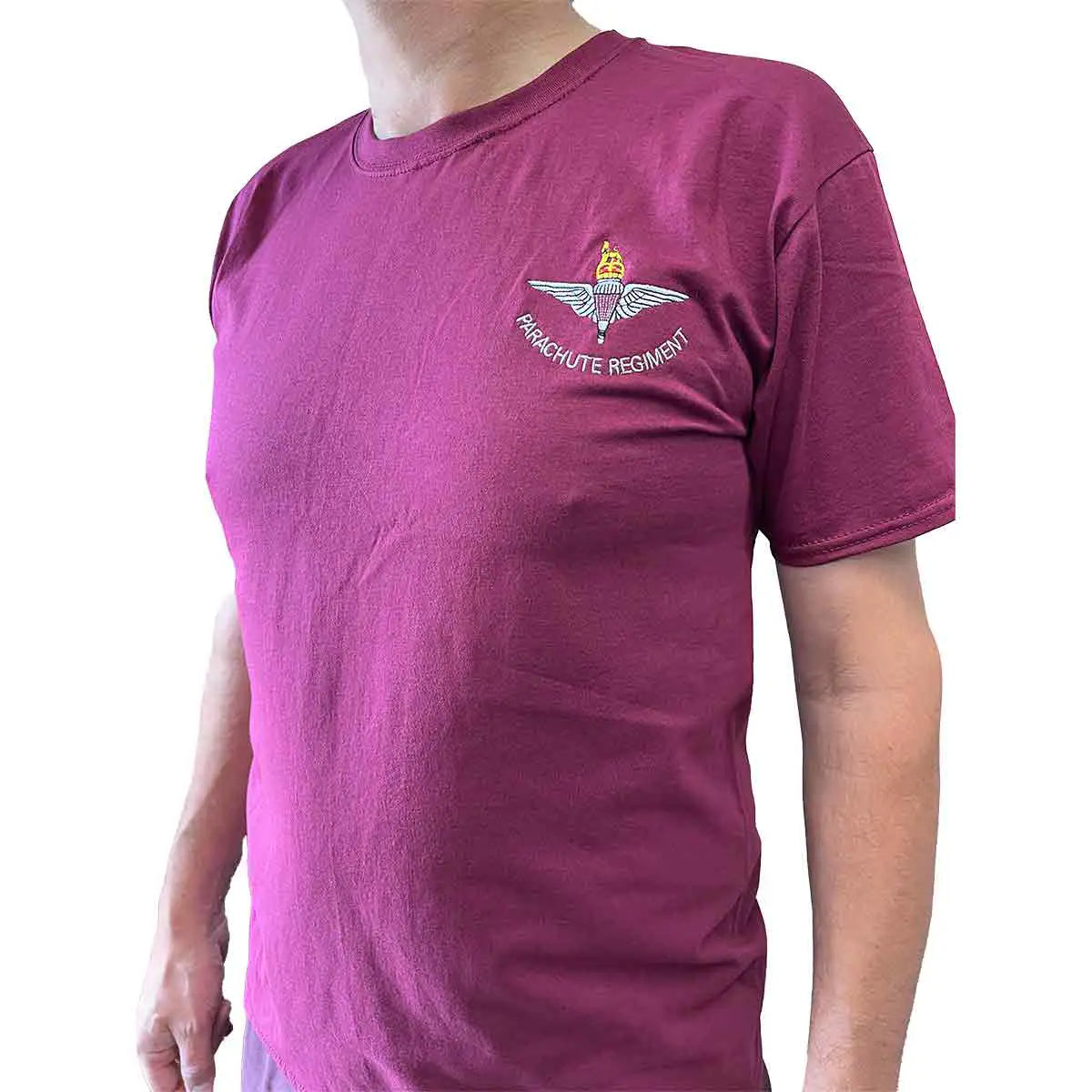Parachute Regiment Maroon T-Shirt from John Bull Clothing, featuring embroidered badge and text on left chest, unisex cotton design. from John Bull Clothing