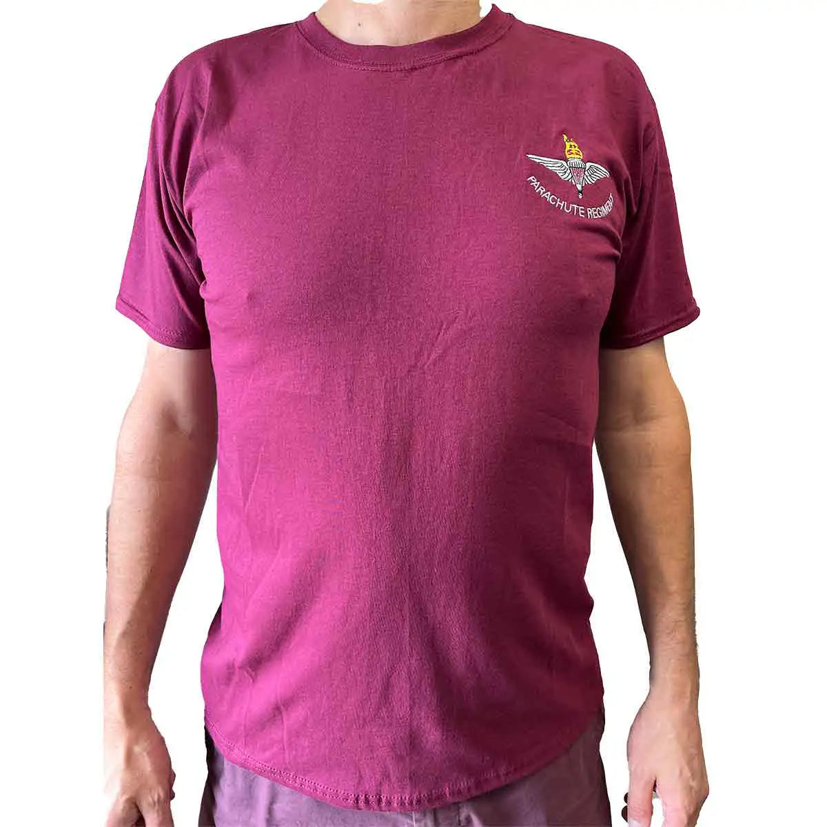 Front view of Parachute Regiment Maroon T-Shirt with detailed embroidery, part of unisex cotton shirts & vests collection. from John Bull Clothing