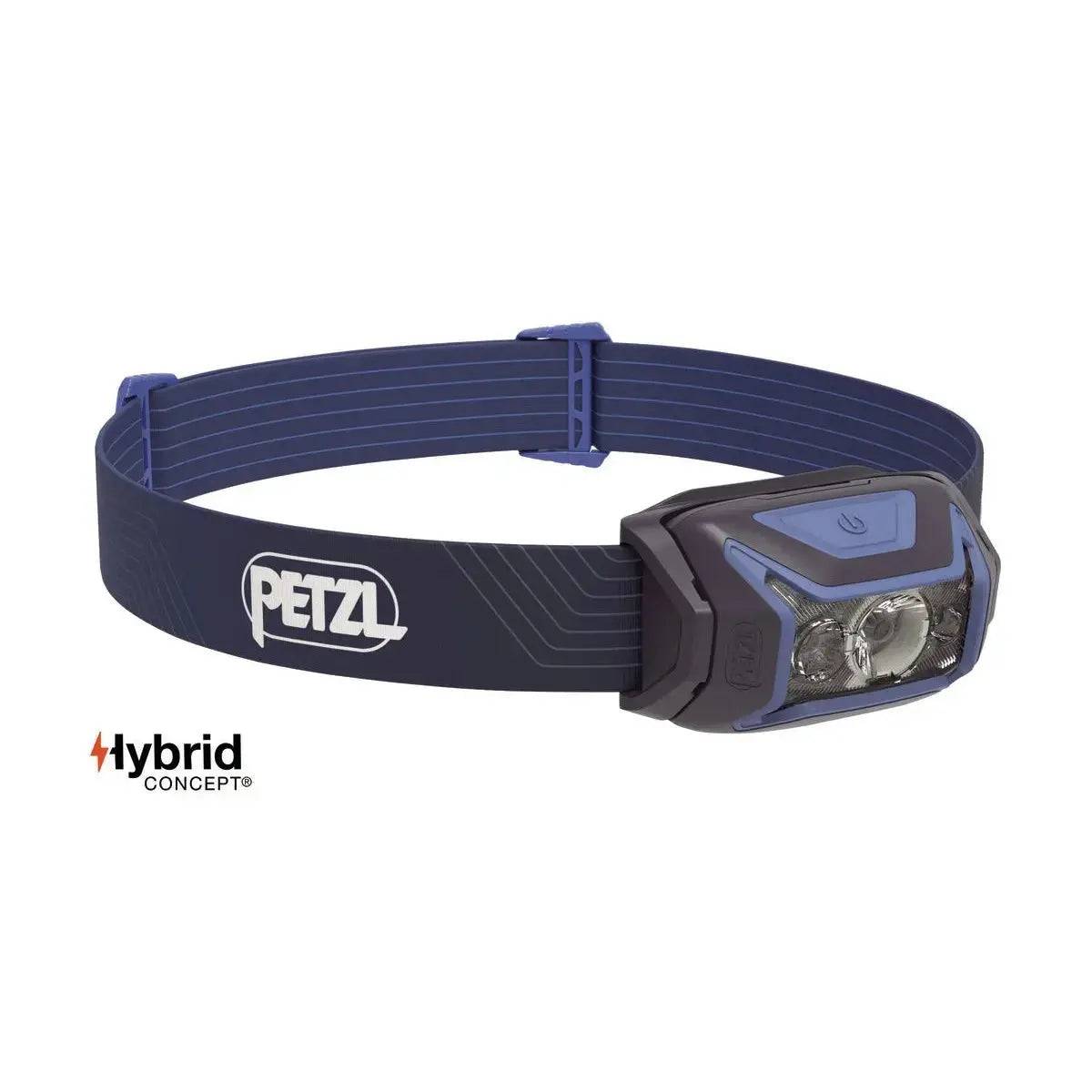 Petzl Actik Headtorch with Red Lighting 450 Lumens in blue color, designed for camping and hiking with a powerful beam and adjustable fit.