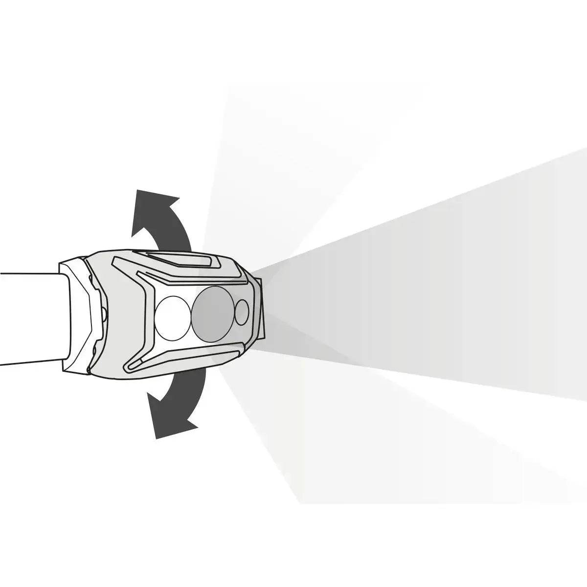 Illustration of the Petzl Actik Headtorch with Red Lighting 450 Lumens, showing its adjustable tilt function for precise beam direction.
