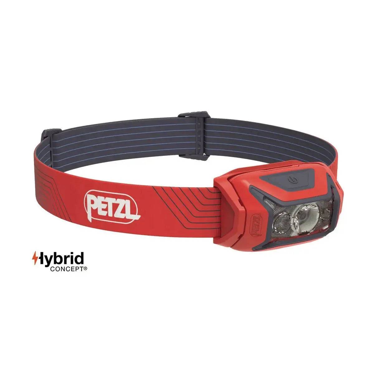 Petzl Actik Headtorch with Red Lighting 450 Lumens in red color, featuring an adjustable headband and Hybrid Concept compatibility for outdoor activities.