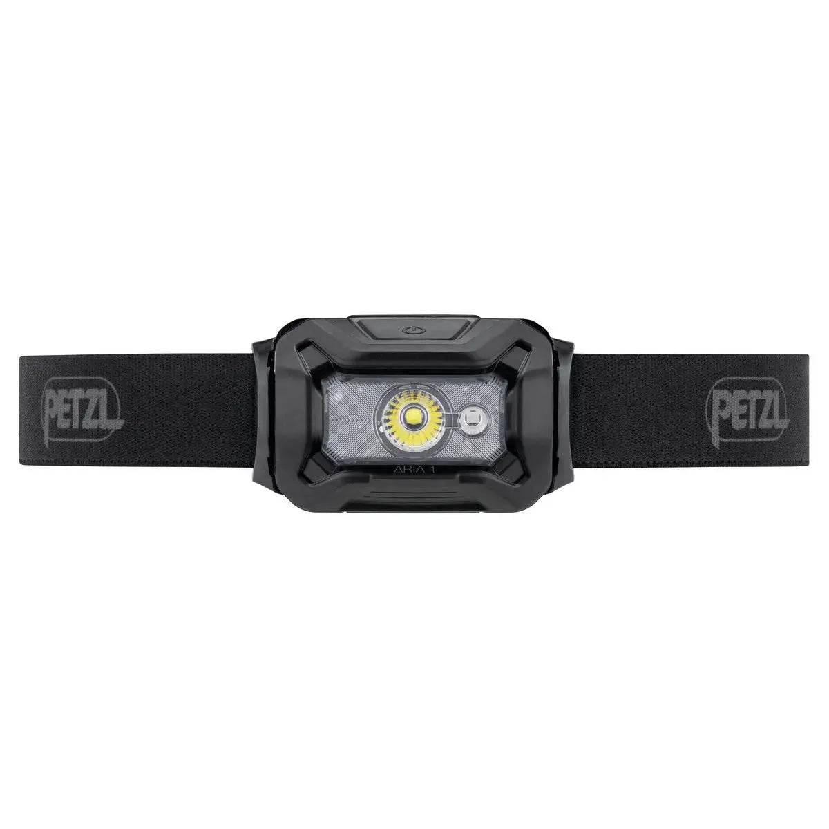 Front view of Petzl Aria 1 RGB Waterproof Headtorch 350 Lumens in black, showcasing its durable design and high-performance lighting for outdoor use.