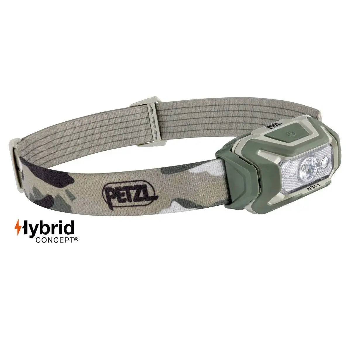 Petzl Aria 1 RGB Waterproof Headtorch 350 Lumens in camouflage design with adjustable headband, ideal for outdoor activities and professional use.