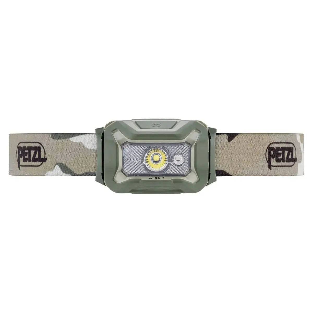 Front view of Petzl Aria 1 RGB Waterproof Headtorch 350 Lumens in camouflage, designed for outdoor enthusiasts needing reliable hands-free lighting.