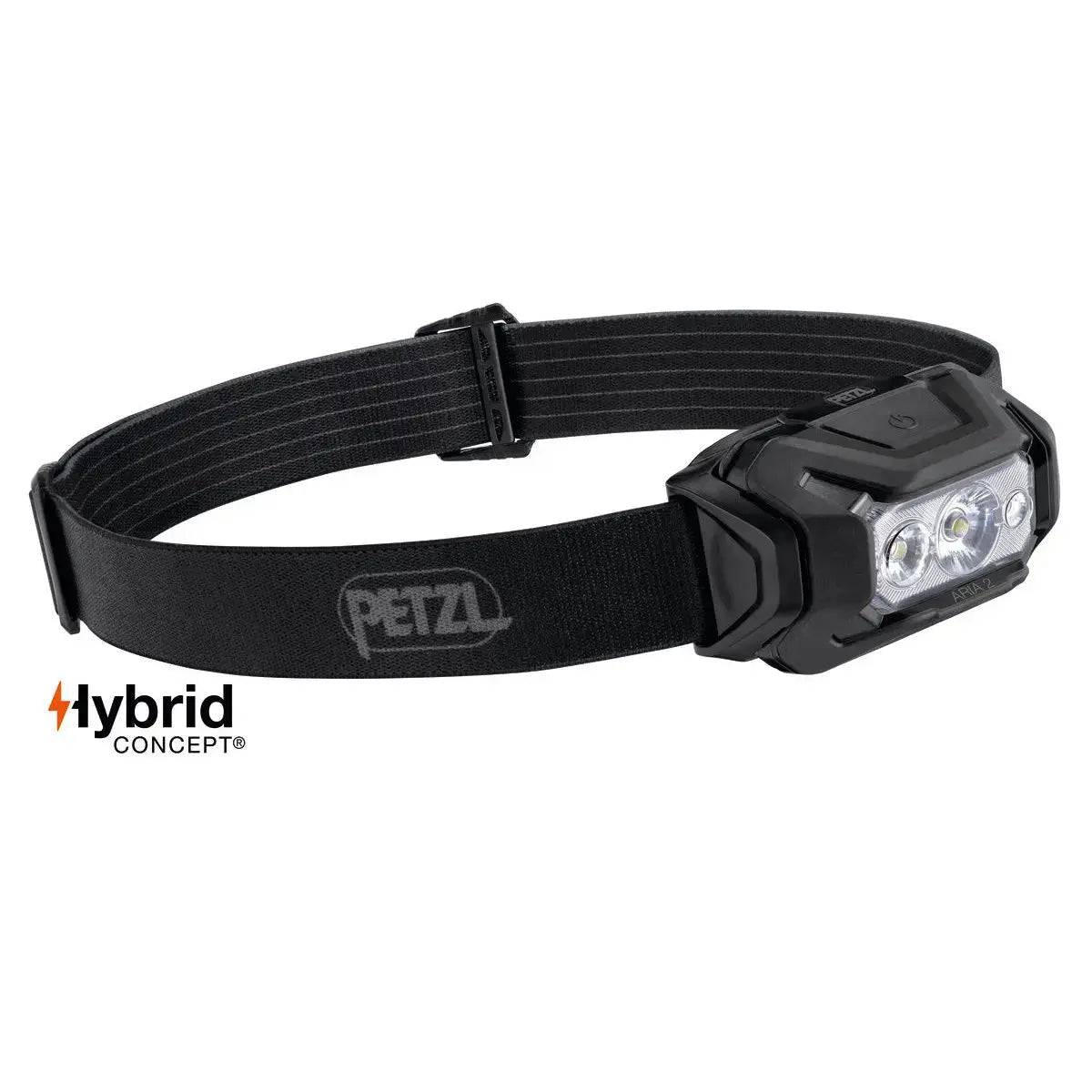 Petzl Aria 2 RGB Waterproof Headtorch 450 Lumens in black with an adjustable strap, offering powerful illumination for camping and hiking.