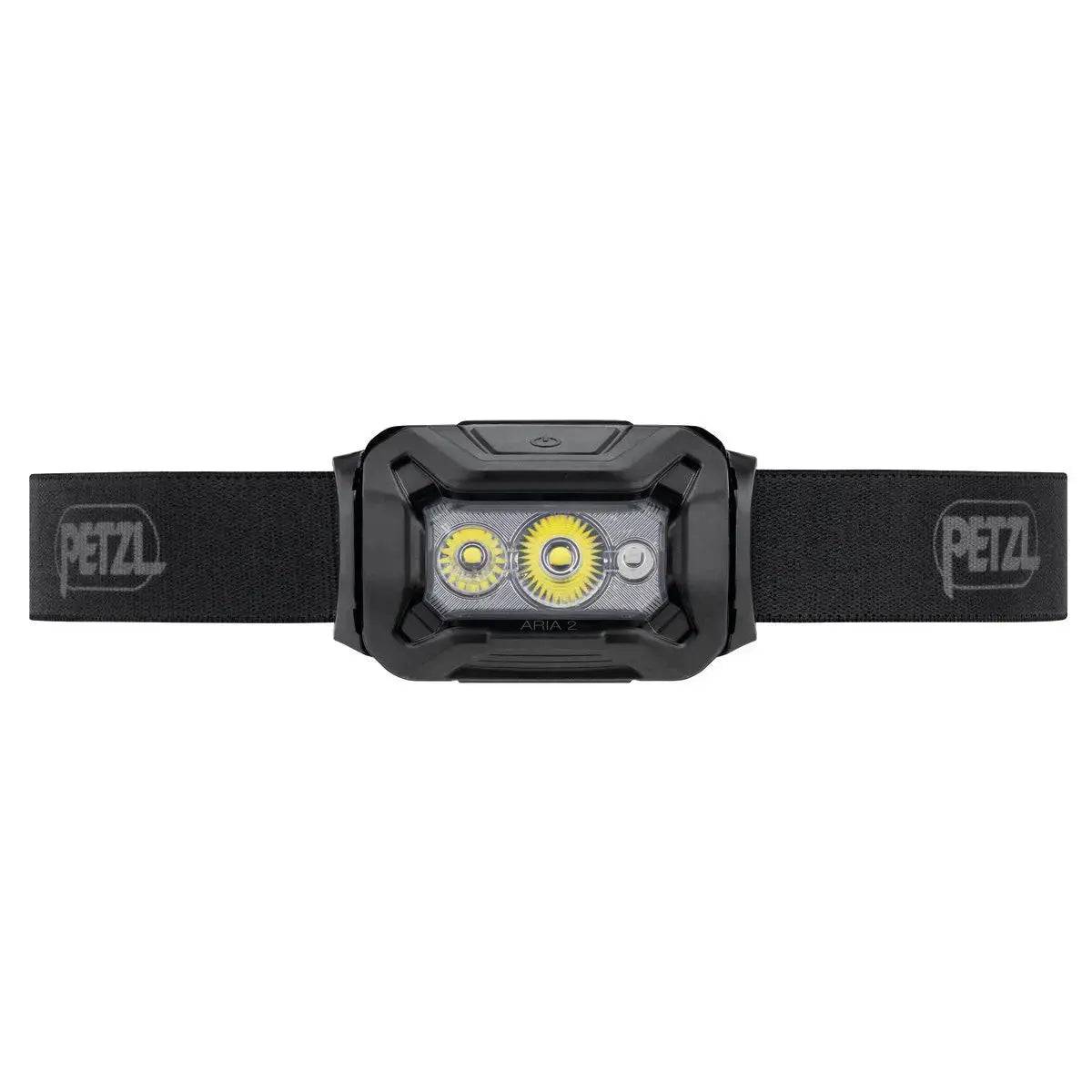 Front view of the Petzl Aria 2 RGB Waterproof Headtorch in black, highlighting its durable build and high-performance lighting capabilities.