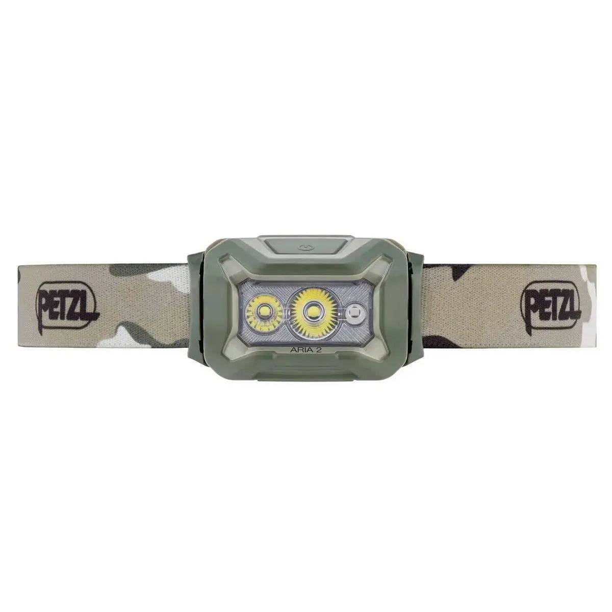 Front view of the Petzl Aria 2 RGB Waterproof Headtorch in camouflage, showcasing its dual LED design for versatile outdoor lighting.