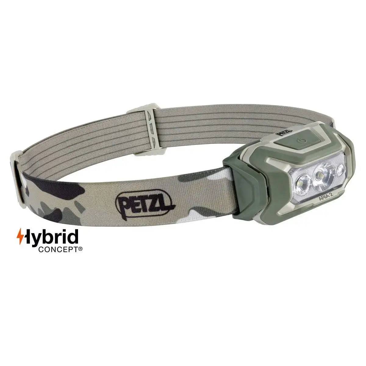 Petzl Aria 2 RGB Waterproof Headtorch 450 Lumens in camouflage design with adjustable headband, ideal for outdoor adventures and tactical use.