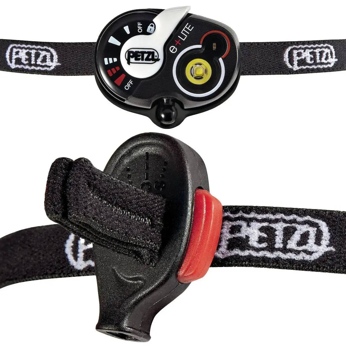 Close-up of Petzl E+Lite Compact Emergency Head Torch showing control dial and elastic headband with secure adjustment system for hands-free lighting.