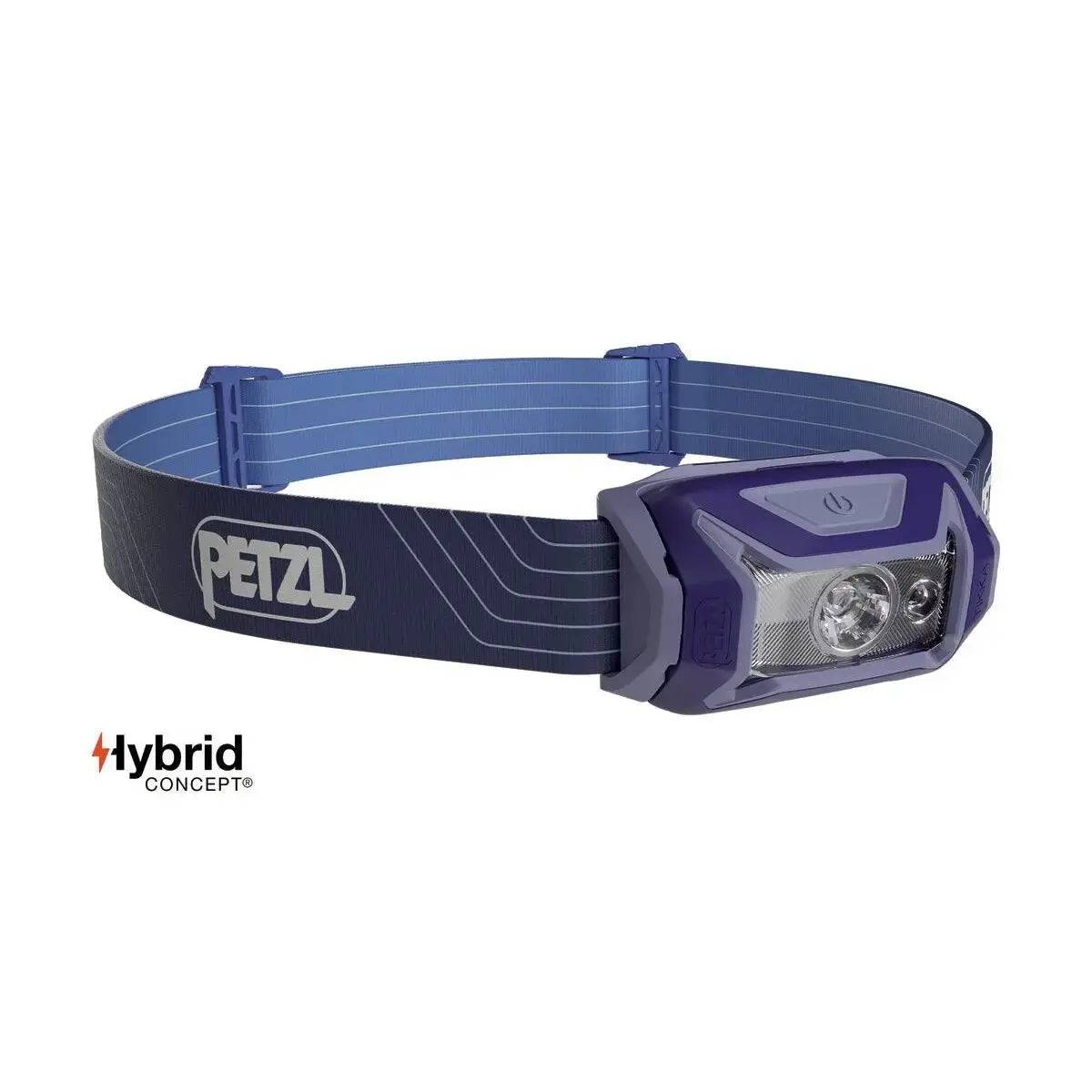 Petzl Tikka Head Torch with Red Light 350 Lumens in blue, designed for camping and hiking with an adjustable strap and powerful illumination.