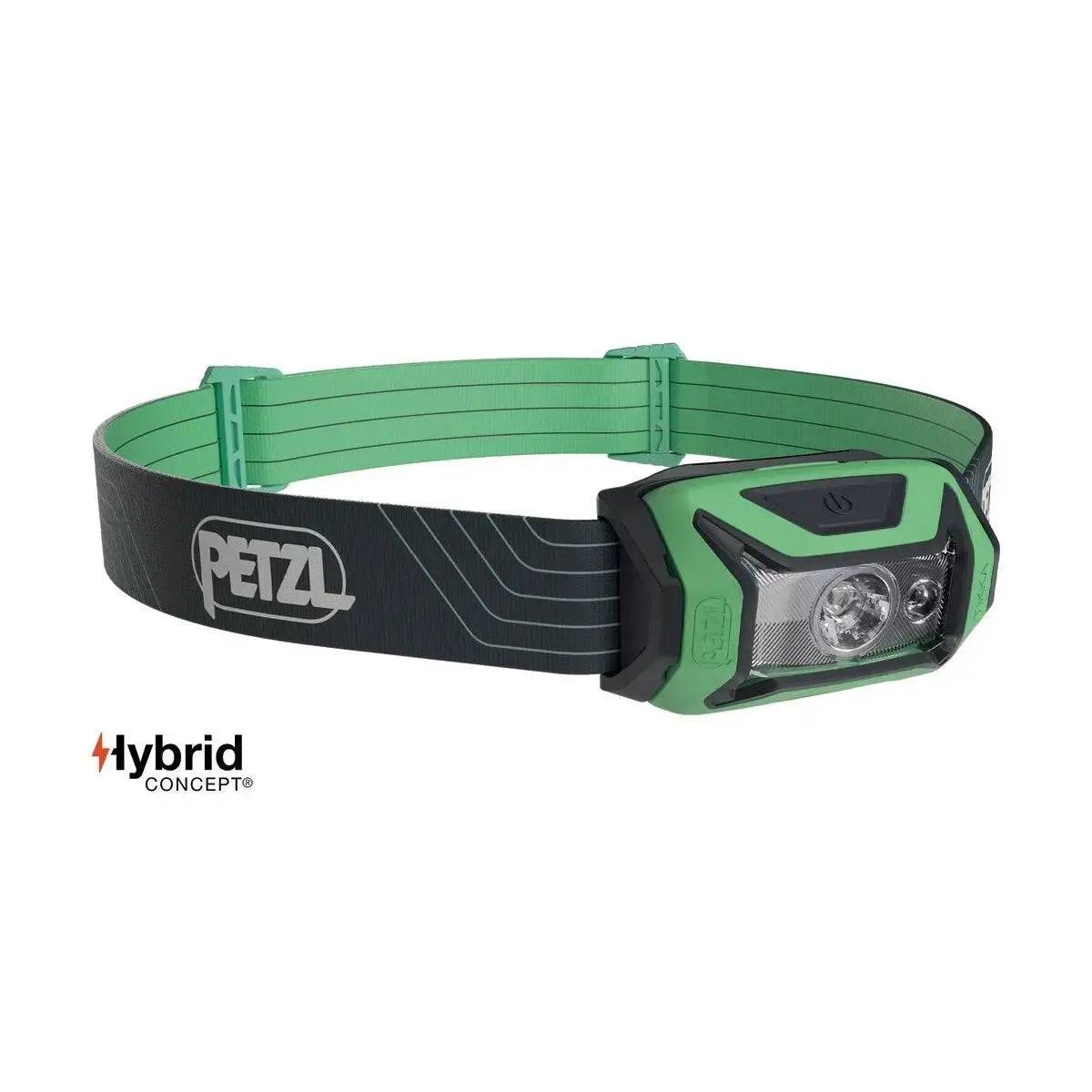 Petzl Tikka Head Torch with Red Light 350 Lumens in green, featuring an adjustable headband and Hybrid Concept compatibility for outdoor adventures.