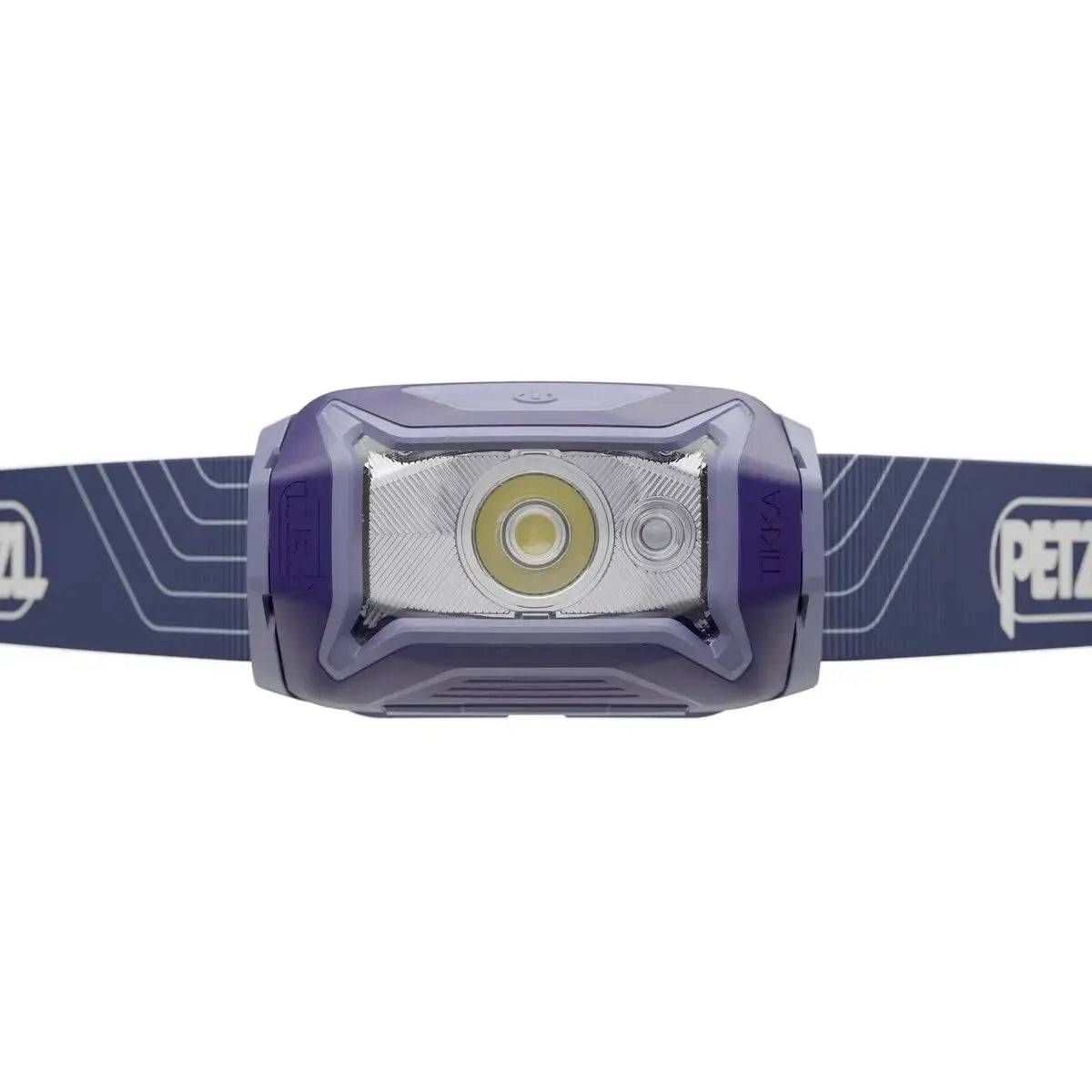 Close-up front view of Petzl Tikka Head Torch with Red Light 350 Lumens showing LED lens and sleek casing for focused beam projection.