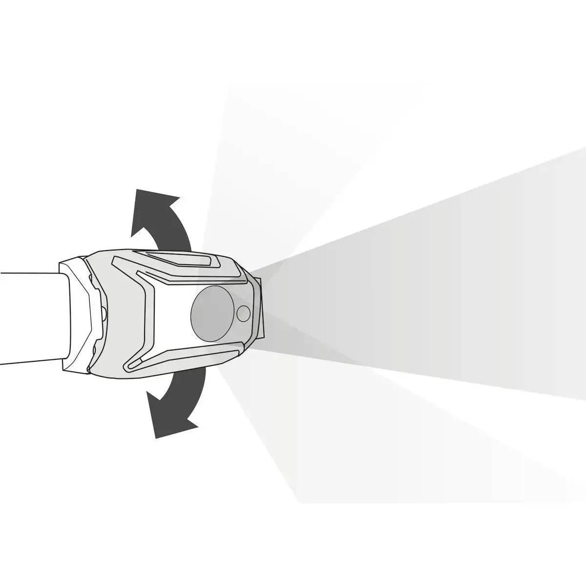 Illustration of Petzl Tikka Head Torch with Red Light 350 Lumens beam angle adjustment, demonstrating directional lighting capability.