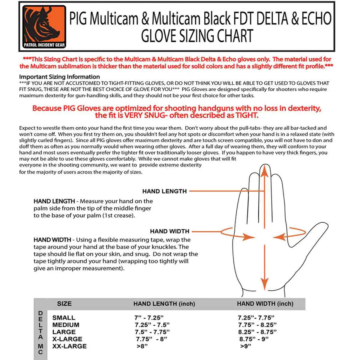 PIG FDT Delta + Plus Shooting Glove Multicam sizing chart, providing detailed measurements to ensure a precise and comfortable fit for users. from John Bull Clothing