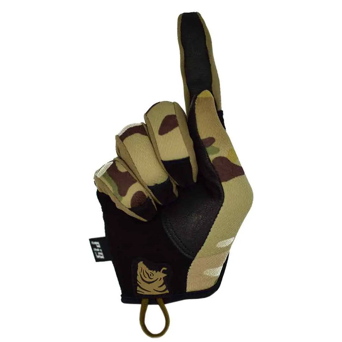 PIG FDT Delta + Plus Shooting Glove Multicam with a raised index finger, highlighting its flexible and ergonomic design for tactical use.