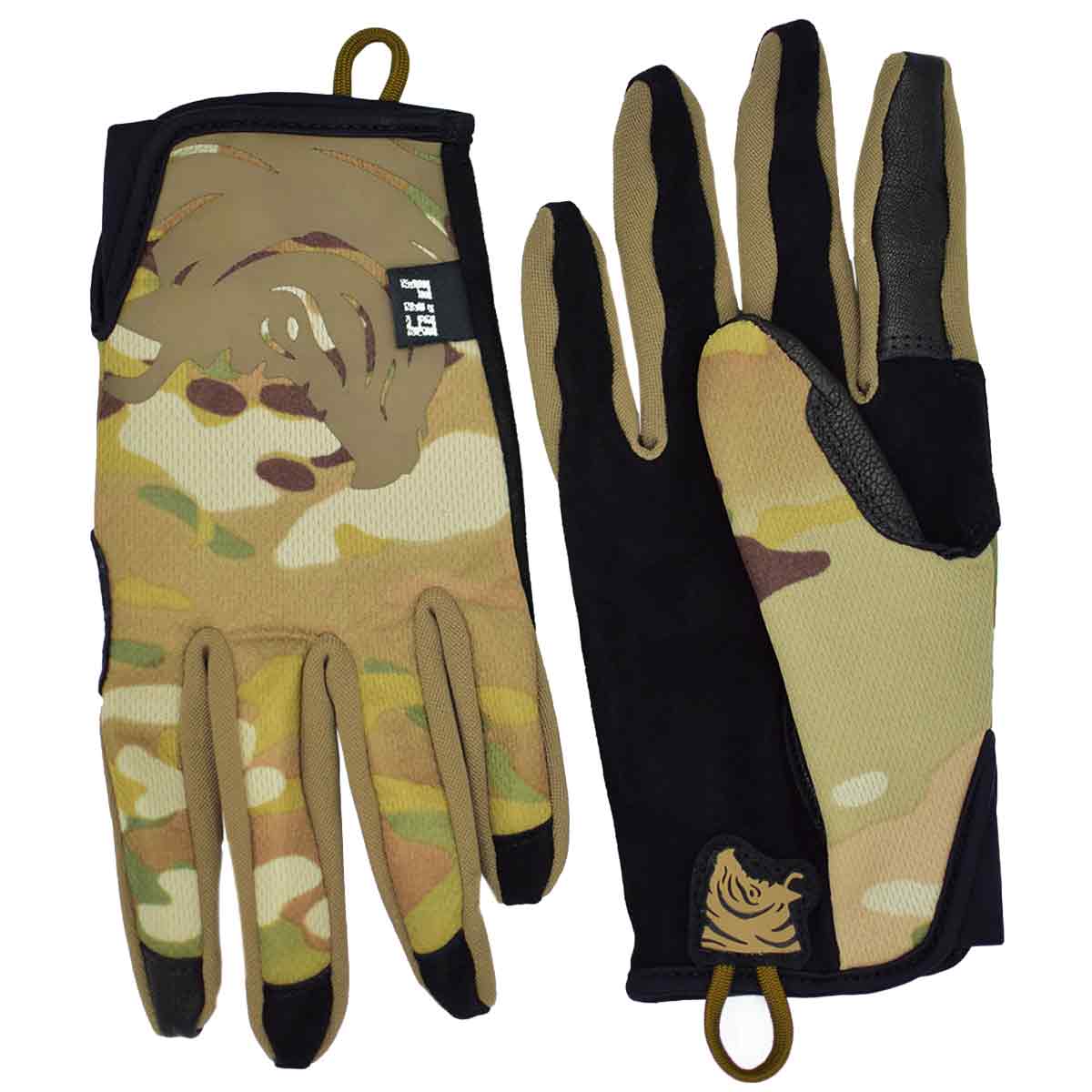 Pair of PIG FDT Delta + Plus Shooting Gloves in Multicam, designed for tactical use with enhanced grip, flexibility, and durability.