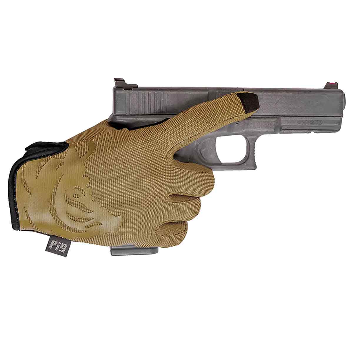 PIG FDT Delta Utility Glove in Coyote Brown, worn while holding a firearm, illustrating its precision fit and trigger finger sensitivity.