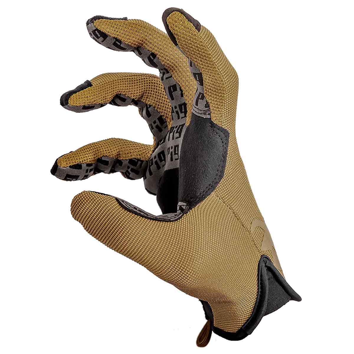PIG FDT Delta Utility Glove in Coyote Brown, demonstrating its ergonomic design and flexible material for enhanced dexterity in shooting scenarios.