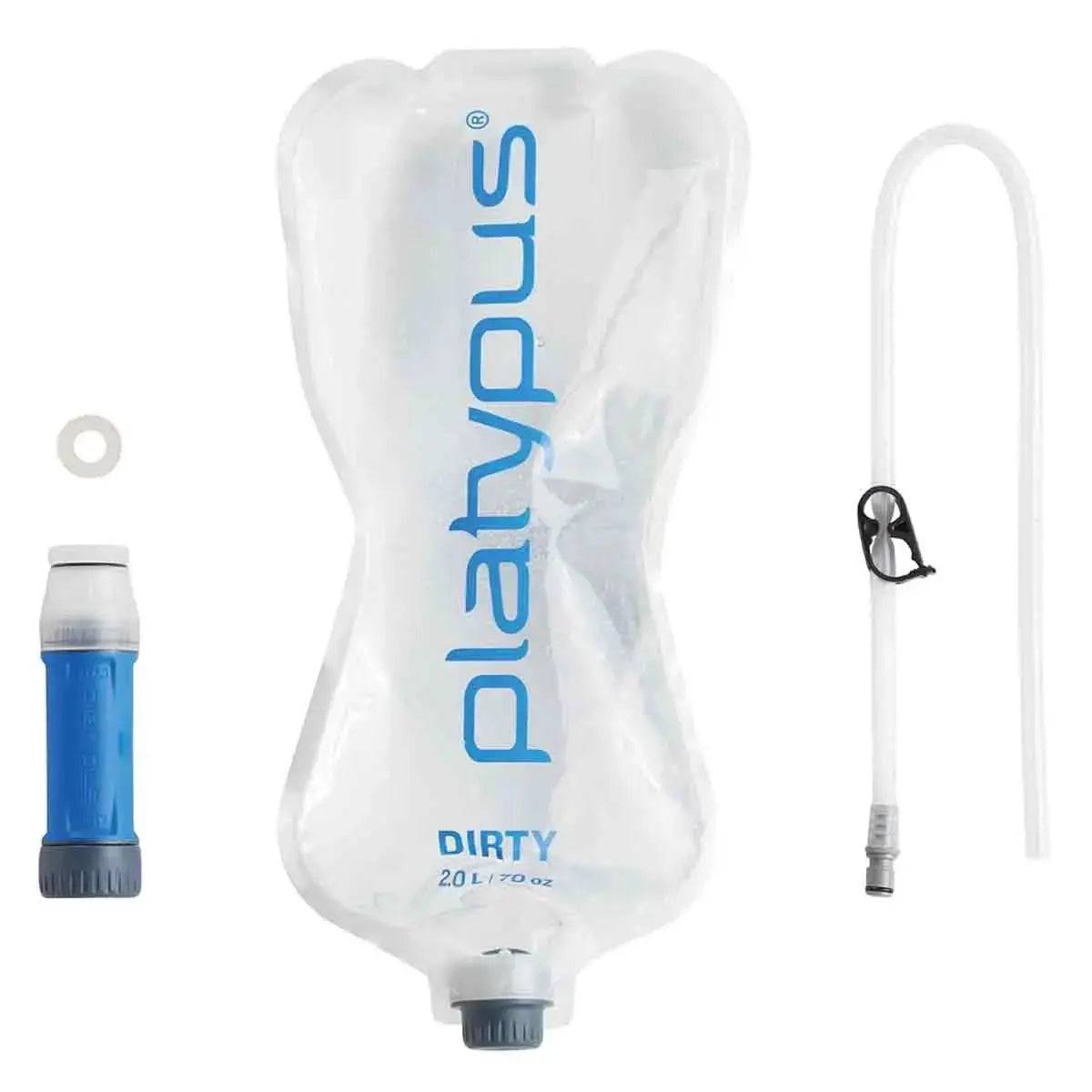 Platypus Quickdraw 2L Filter System components including a filtration unit, reservoir, and tubing for efficient outdoor water filtration.