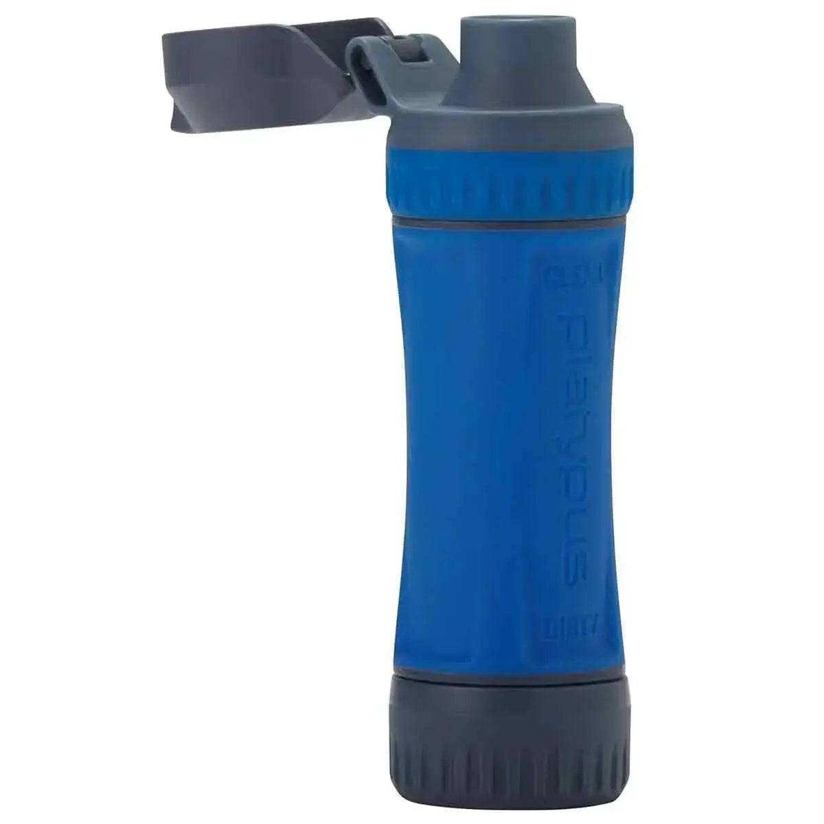 Platypus Quickdraw Water Filter in blue with an open cap, showcasing its easy-access design. Perfect for filtering water during outdoor adventures.