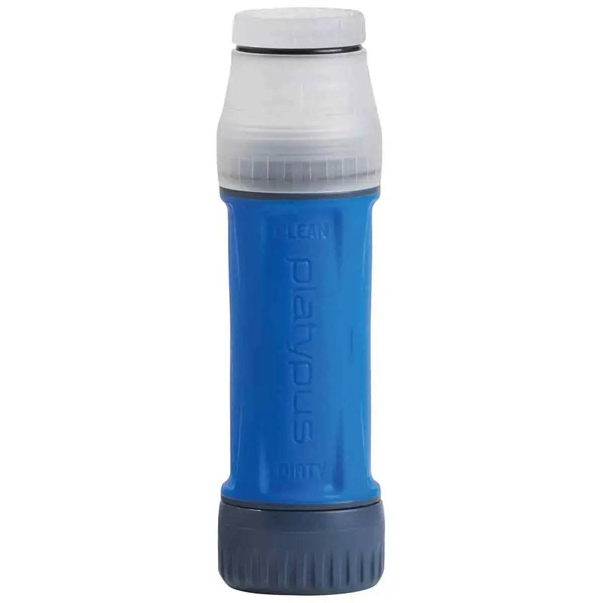 Platypus Quickdraw Water Filter with a transparent cap, highlighting its dual clean and dirty water compartments. Designed for reliable filtration.