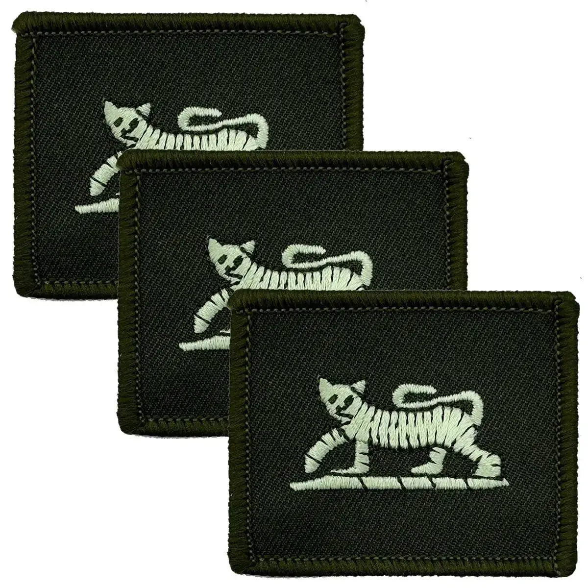 Set of 3 olive green Princess of Wales Royal Regiment TRF iron-on patches with white tiger emblem, military uniform badge by John Bulls. Green/Black from John Bull Clothing