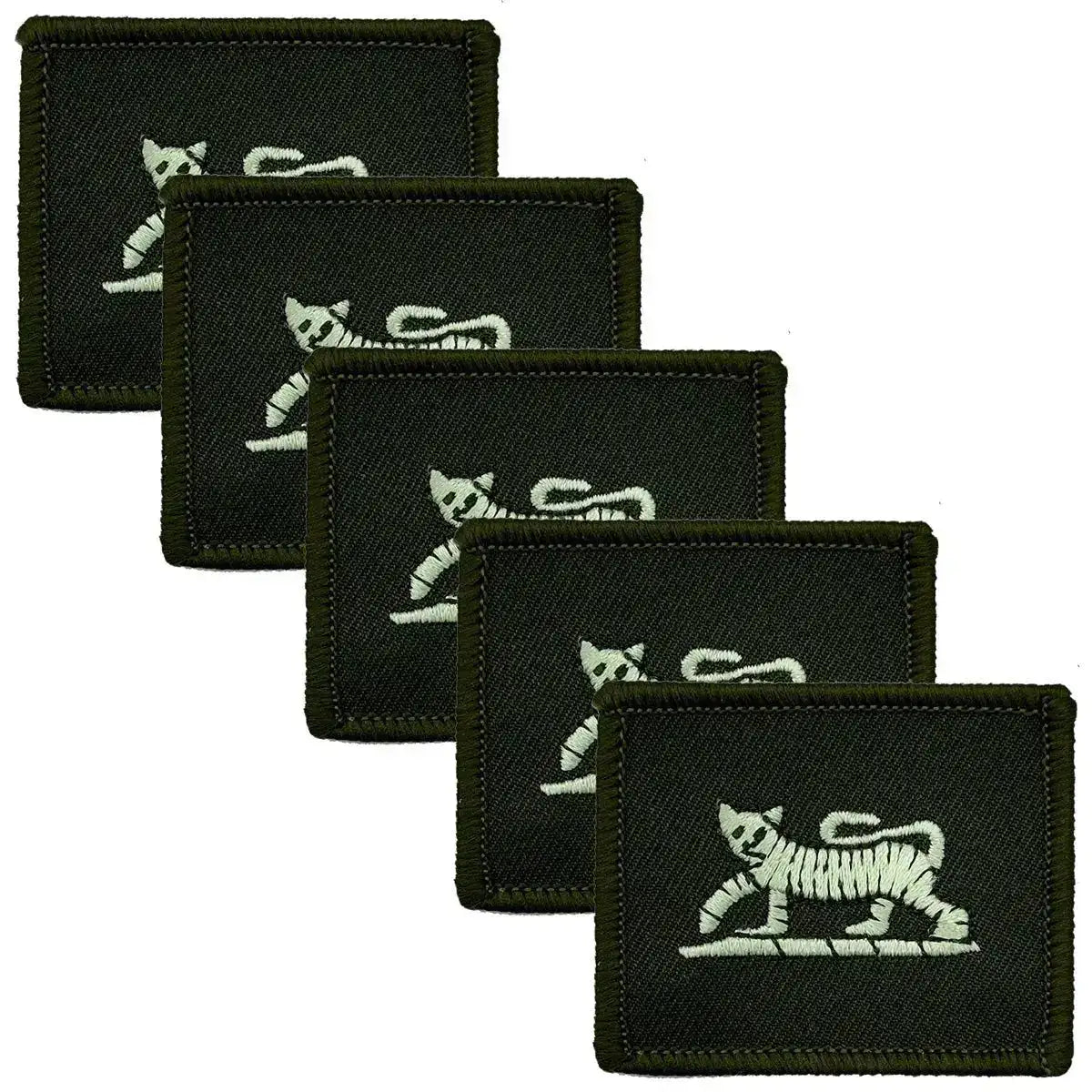 Pack of 5 olive green TRF patches for Princess of Wales Royal Regiment, iron-on tactical badges with white tiger design for military apparel. Green/Black from John Bull Clothing