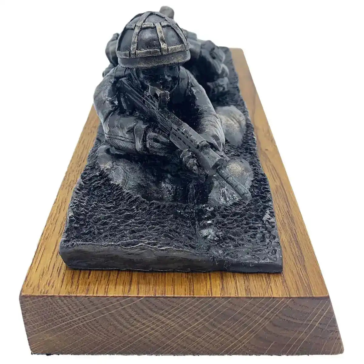 Close-up front angle of Prone Soldier with SA80 Bronze Resin Statue highlighting lifelike combat pose and rifle detail. from John Bull Clothing