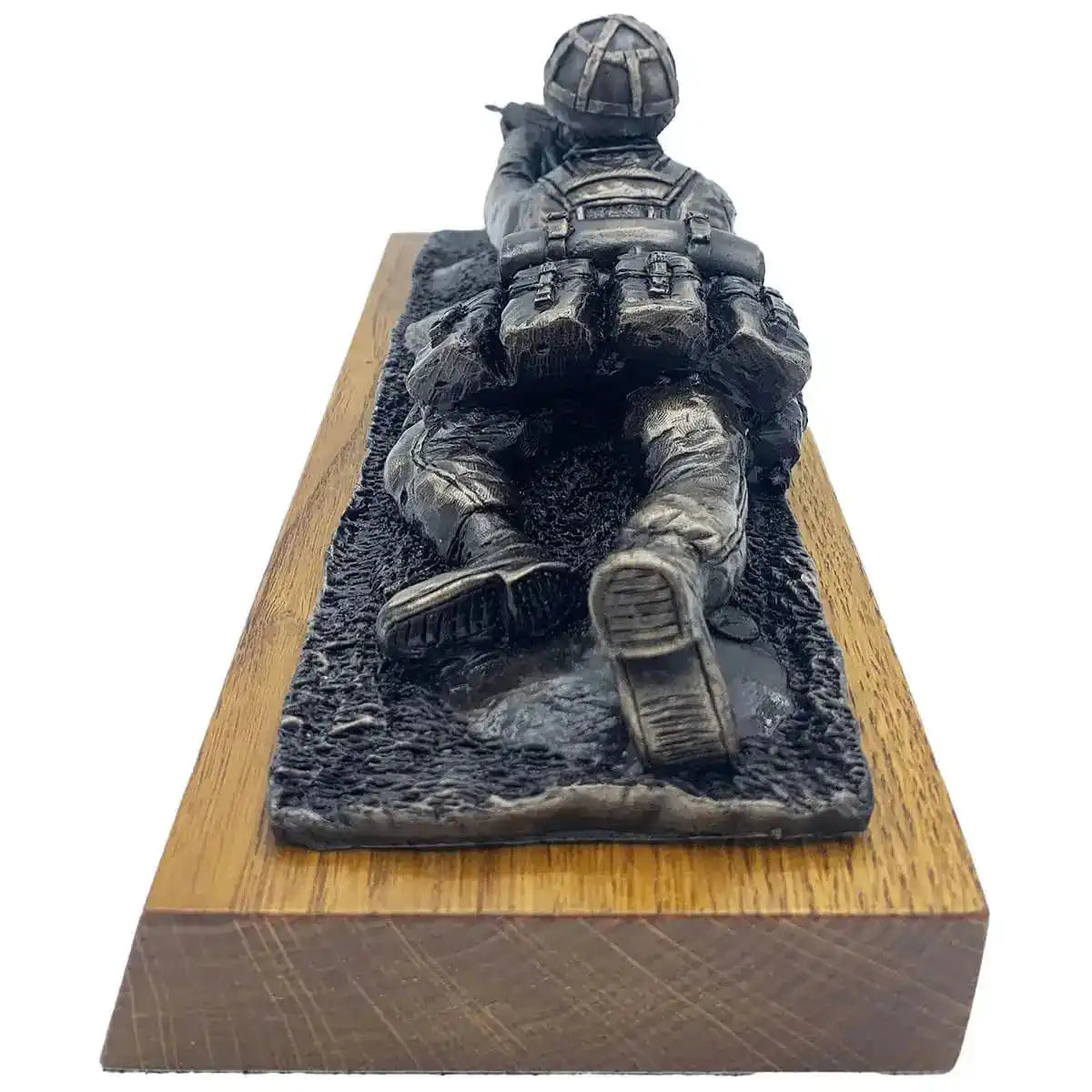 Rear view of Prone Soldier with SA80 Bronze Resin Statue showing tactical gear and realistic texture, ideal for army-themed decor. from John Bull Clothing