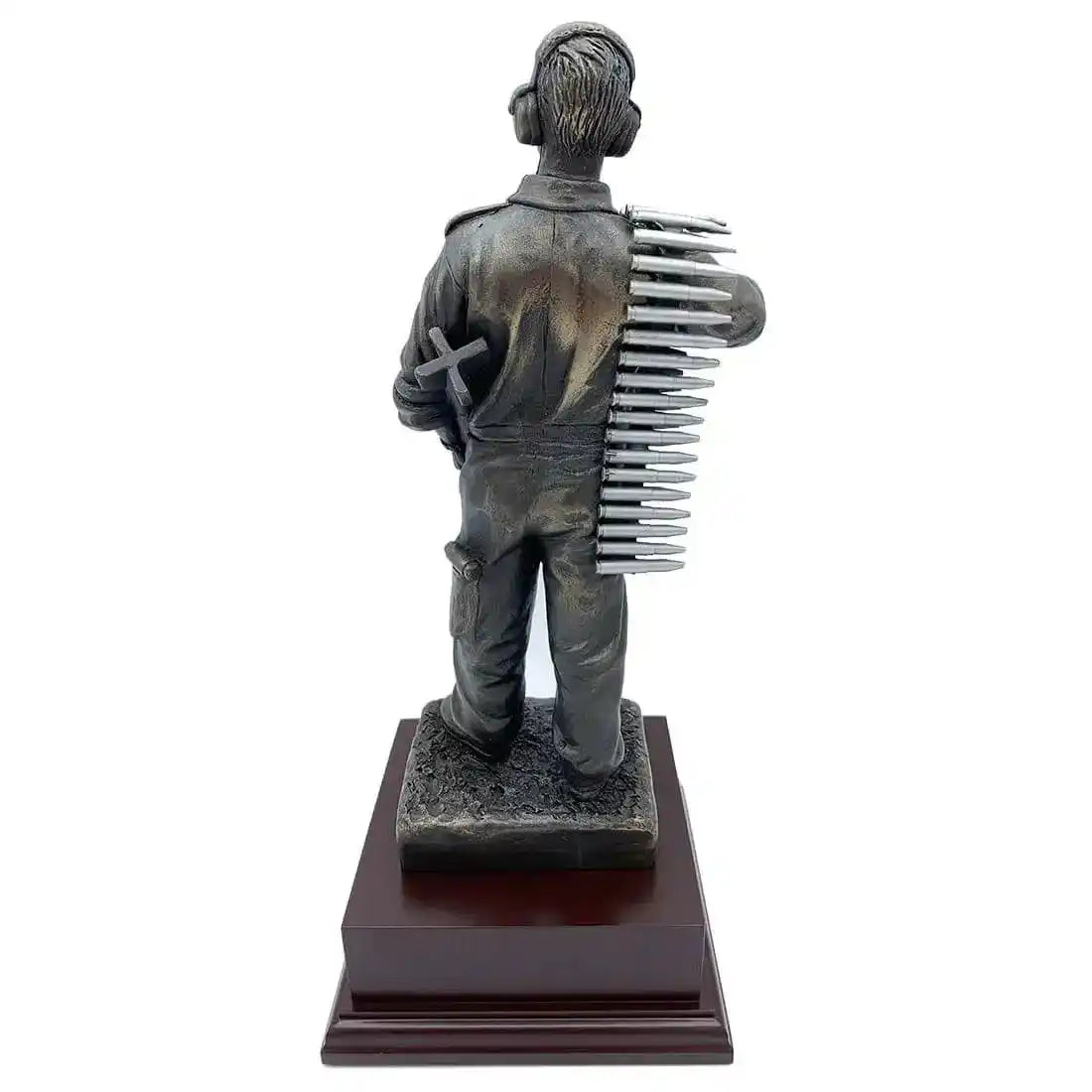 Rear view of RAF Armourer Bronze Resin Figurine Statue with visible pewter ammunition belt and sculpted detailing on uniform. from John Bull Clothing