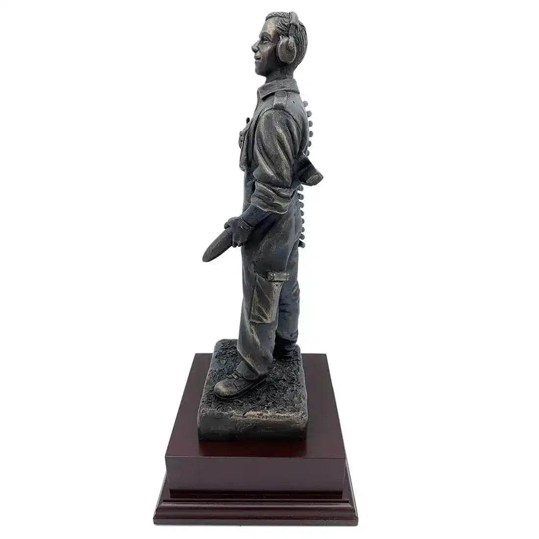 Side view of RAF Armourer Bronze Resin Figurine Statue showing detailed uniform and mounted on polished rosewood base. from John Bull Clothing