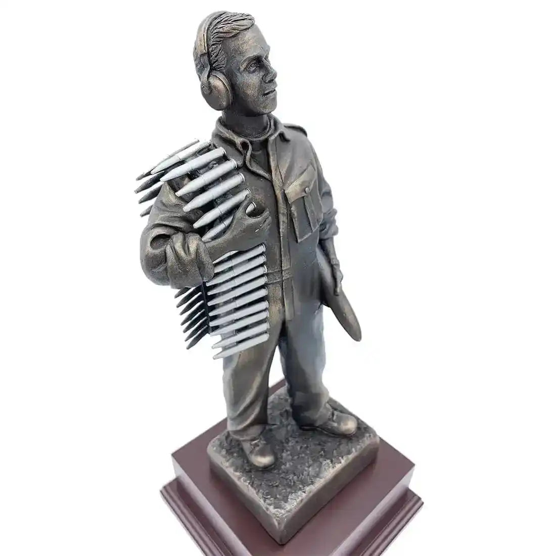Angled top view of RAF Armourer Bronze Resin Figurine Statue with intricate ammo belt and lifelike pose, perfect for collectors. from John Bull Clothing