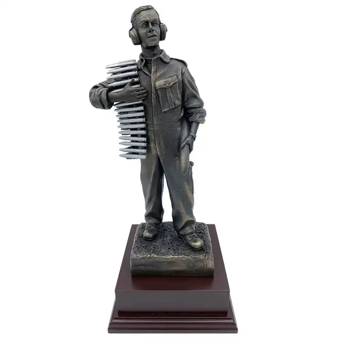 RAF Armourer Bronze Resin Figurine Statue on rosewood base with silver pewter ammo belt, ideal military decor from John Bulls. from John Bull Clothing