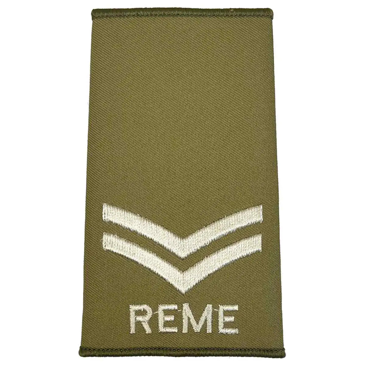 Double chevron REME Olive Green Rank Slide with ivory stitching, designed for military personnel, made from Cordura material. Corporal from John Bull Clothing