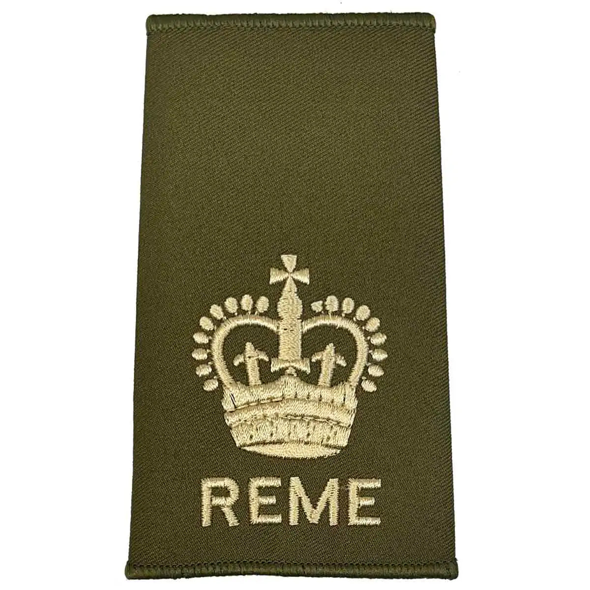 REME Olive Green Rank Slide with large crown embroidery in ivory, indicating senior officer status in military uniforms. from John Bull Clothing