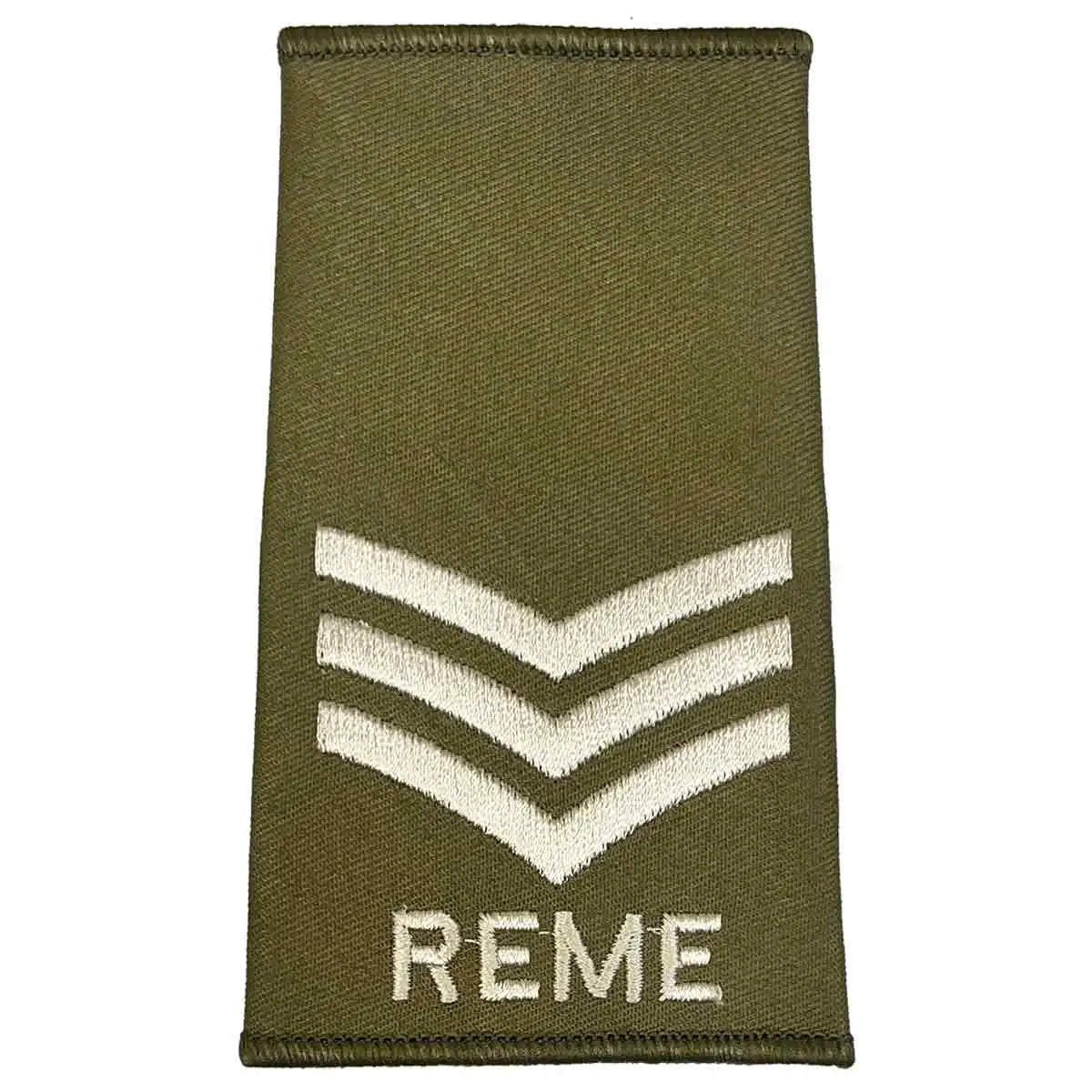 Triple chevron REME Olive Green Rank Slide with ivory embroidery, representing higher enlisted ranks in military uniforms. Sergeant from John Bull Clothing