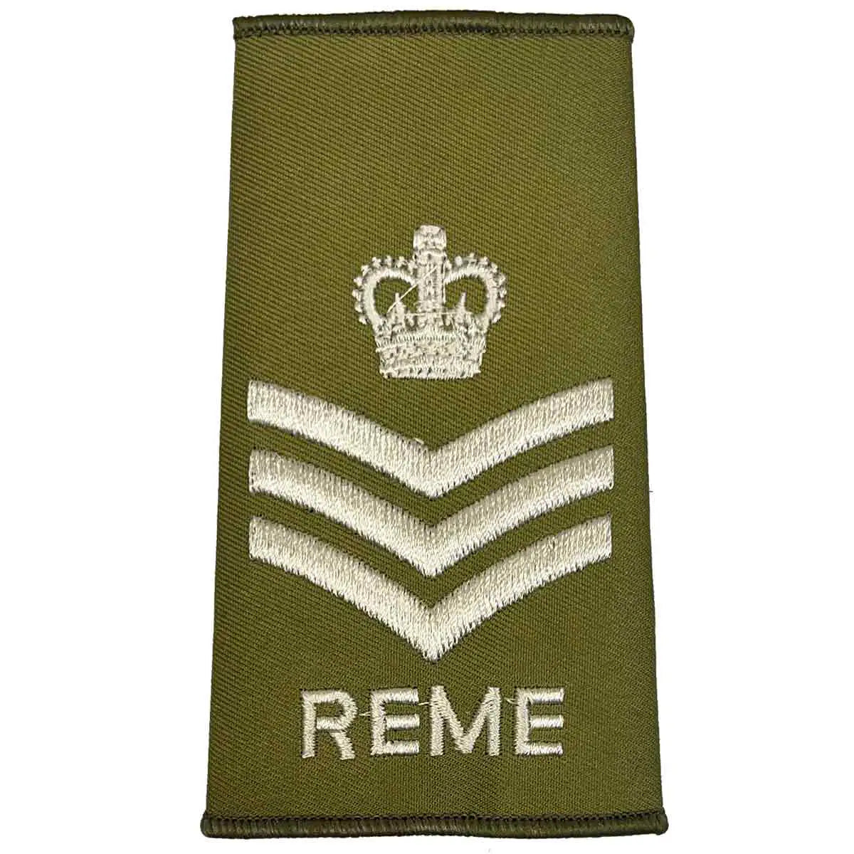 REME Olive Green Rank Slide with three chevrons and crown, embroidered in ivory, for senior non-commissioned officers. Staff Sergeant from John Bull Clothing