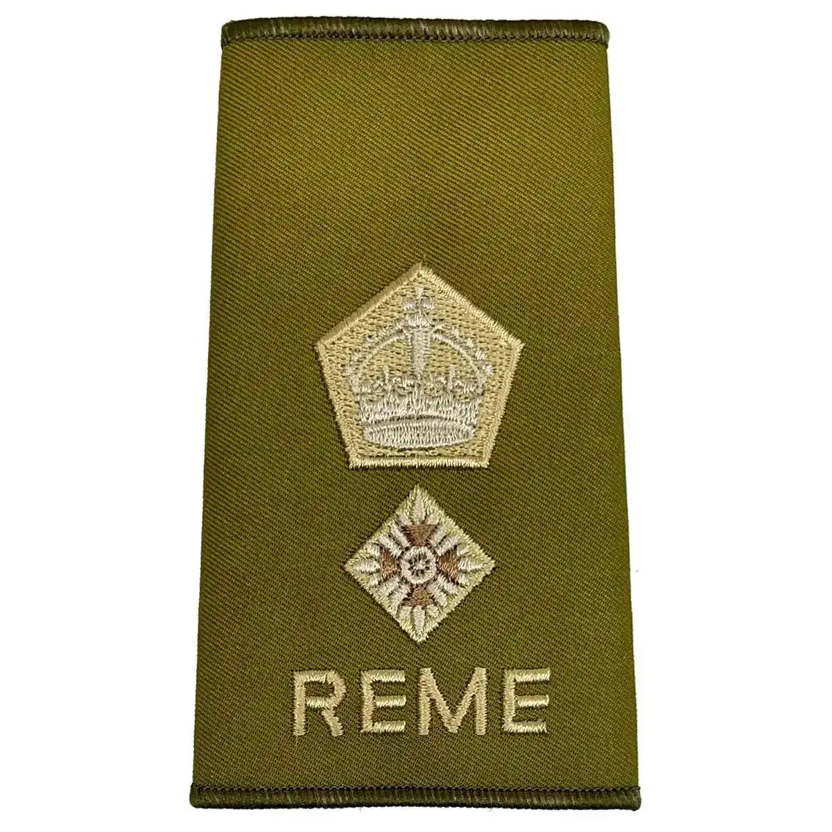 REME Olive Green Rank Slide with pentagon crown and pip embroidery, representing lieutenant colonel rank in military attire. Kings Crown - Lt Colonel from John Bull Clothing