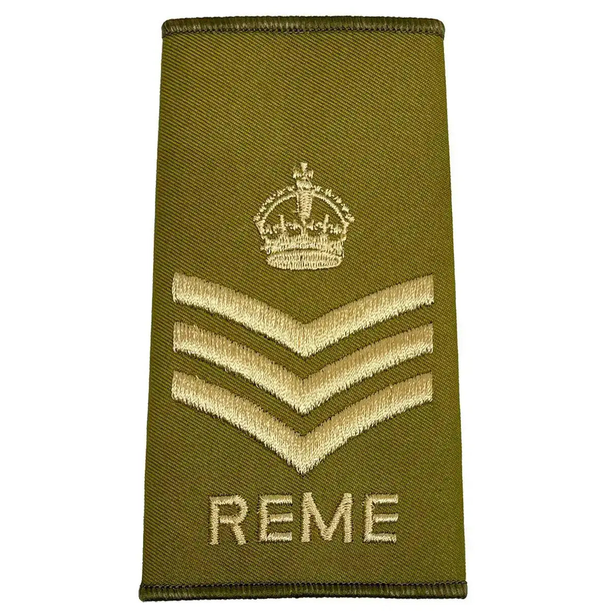 REME Olive Green Rank Slide with crown and three chevrons, embroidered in ivory, for warrant officer class 2. Kings Crown - Staff Sergeant from John Bull Clothing