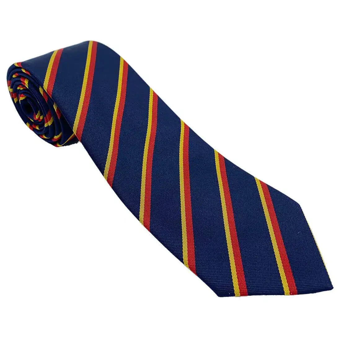 REME Regiment Striped Polyester Tie with blue base and red-yellow diagonal stripes, rolled for display. Ideal for military uniform wear. from John Bull Clothing
