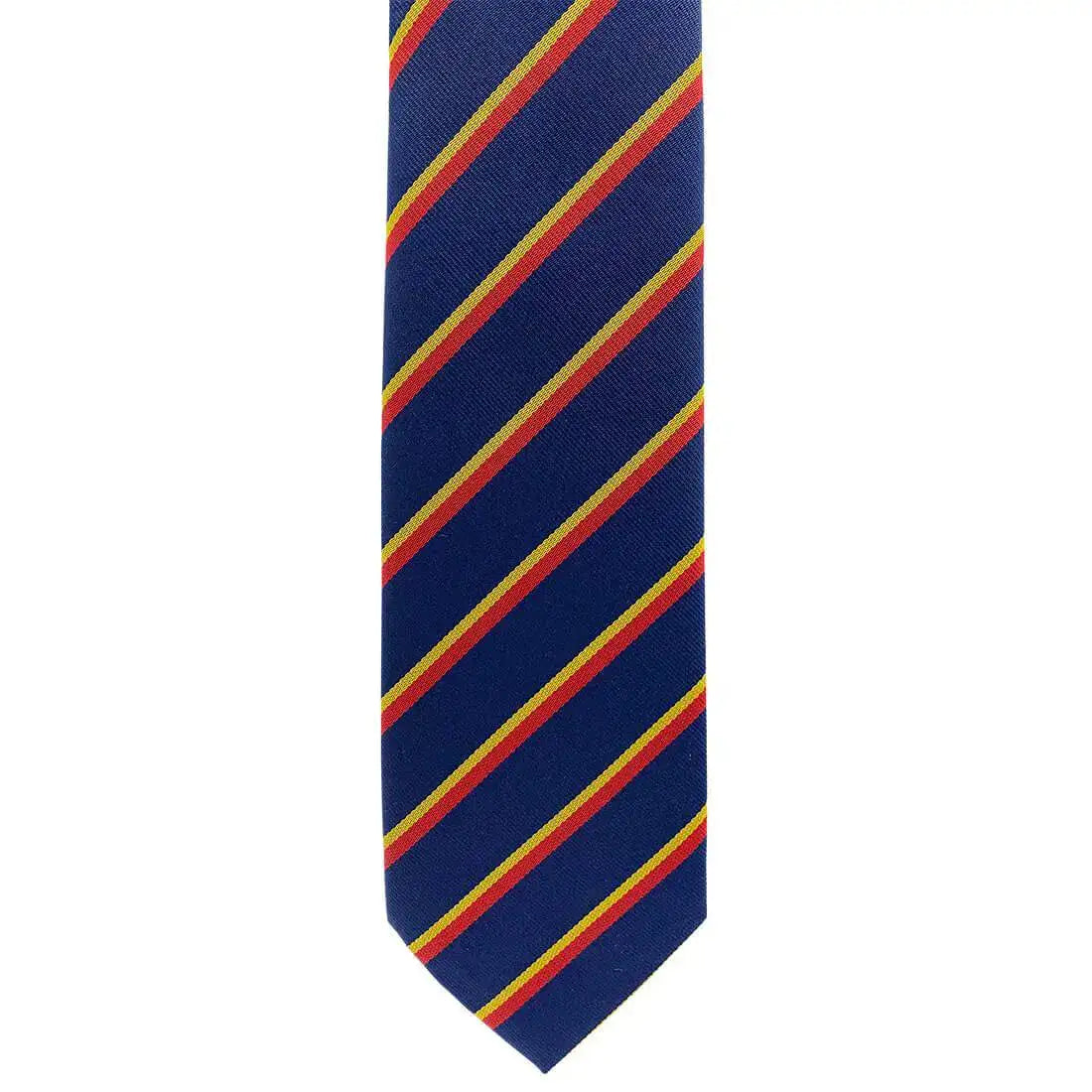Close-up of REME Regiment Striped Polyester Tie showing bold blue, red, and yellow diagonal pattern. Perfect for formal military attire. from John Bull Clothing