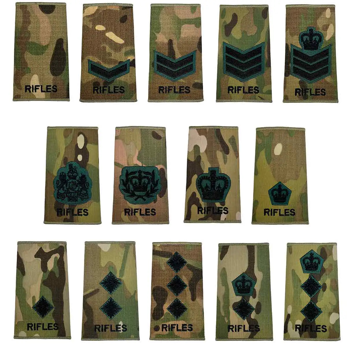 Rifles Regiment Rank Slides Multicam set featuring 15 embroidered rank insignias in dark green and black on regulation camouflage fabric. from John Bull Clothing