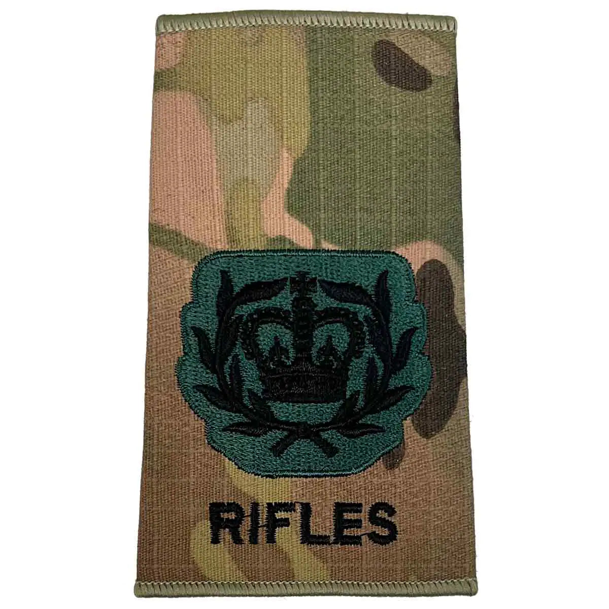 Rifles Regiment Rank Slide Multicam with laurel crown insignia and 'RIFLES' text, embroidered for senior officer ranks. WO2 RQMS - Crown & Laurel Wreath from John Bull Clothing