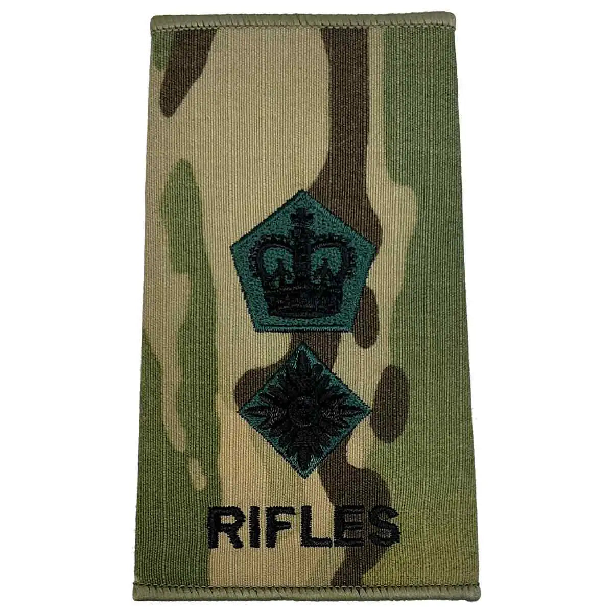 Crown and pip insignias on Multicam Rifles Regiment Rank Slide with 'RIFLES' text, embroidered for major rank. LT Colonel from John Bull Clothing
