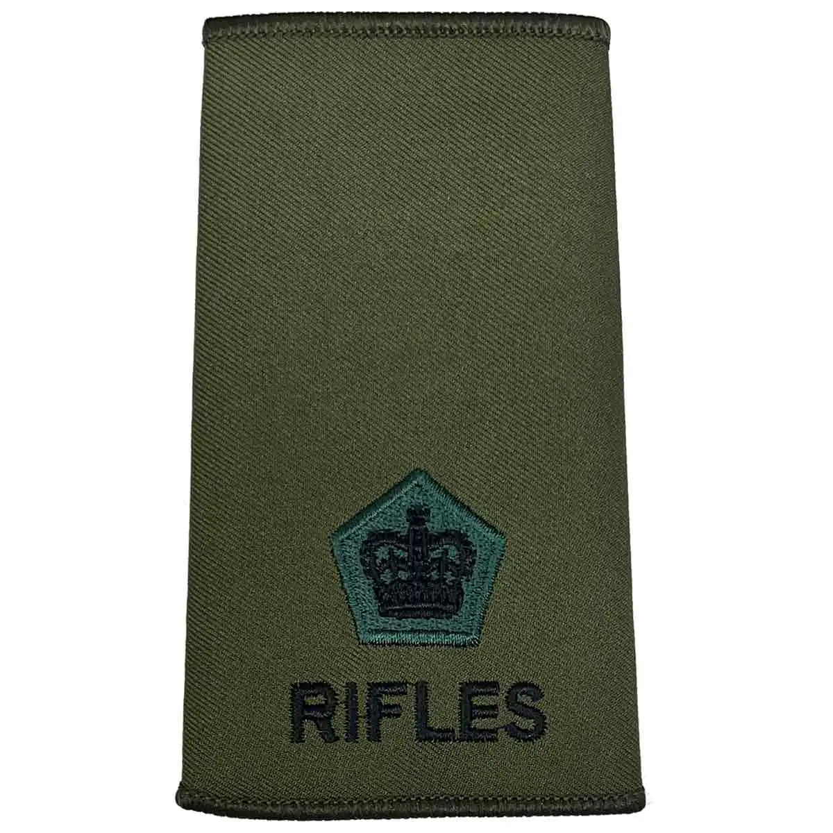 Rifles Regiment Olive Green Rank Slide Pair with crown inside pentagon. Embroidered for Lieutenant Colonel rank. Major from John Bull Clothing