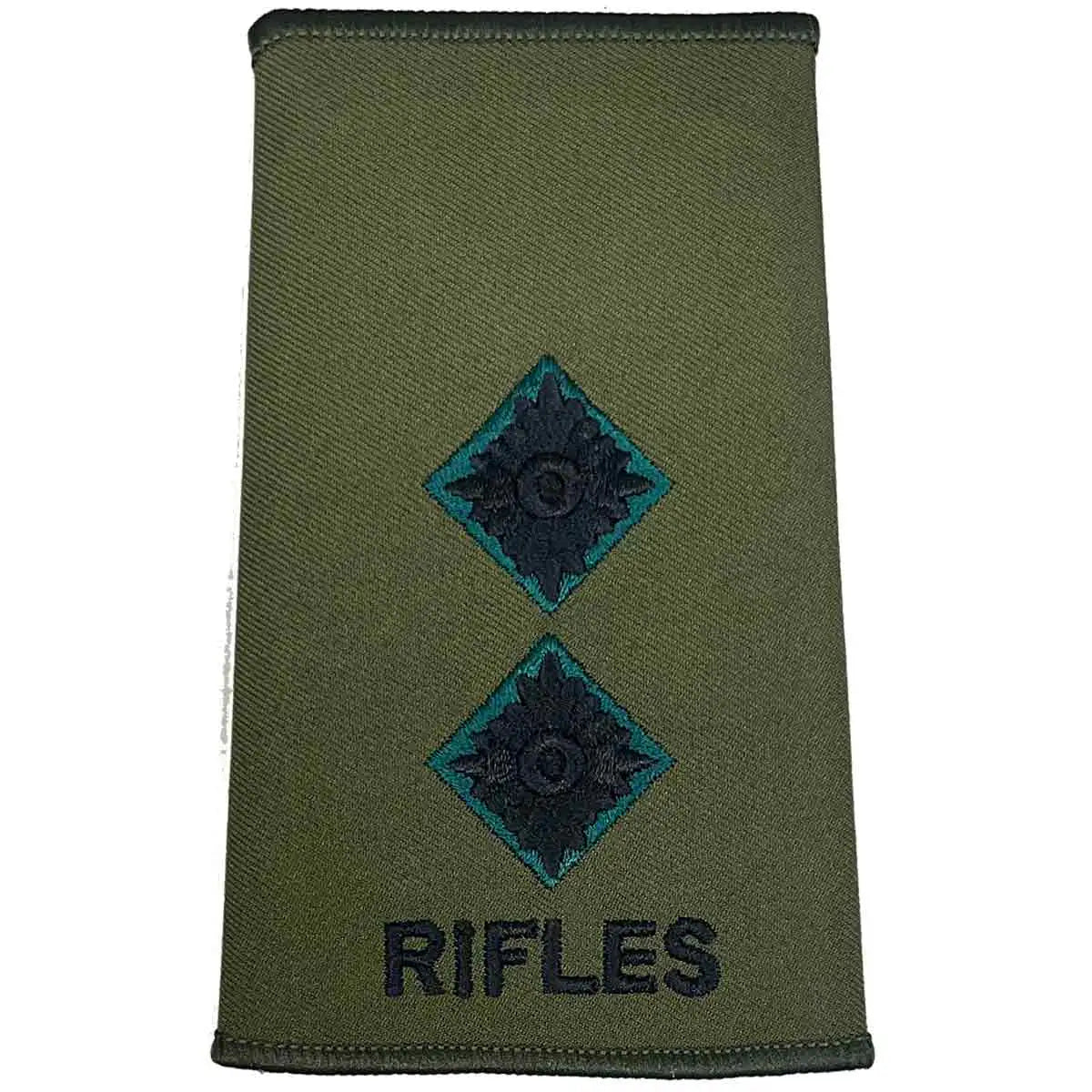 Rifles Regiment Olive Green Rank Slide Pair with two pip insignia. Embroidered for Lieutenant rank. LT from John Bull Clothing