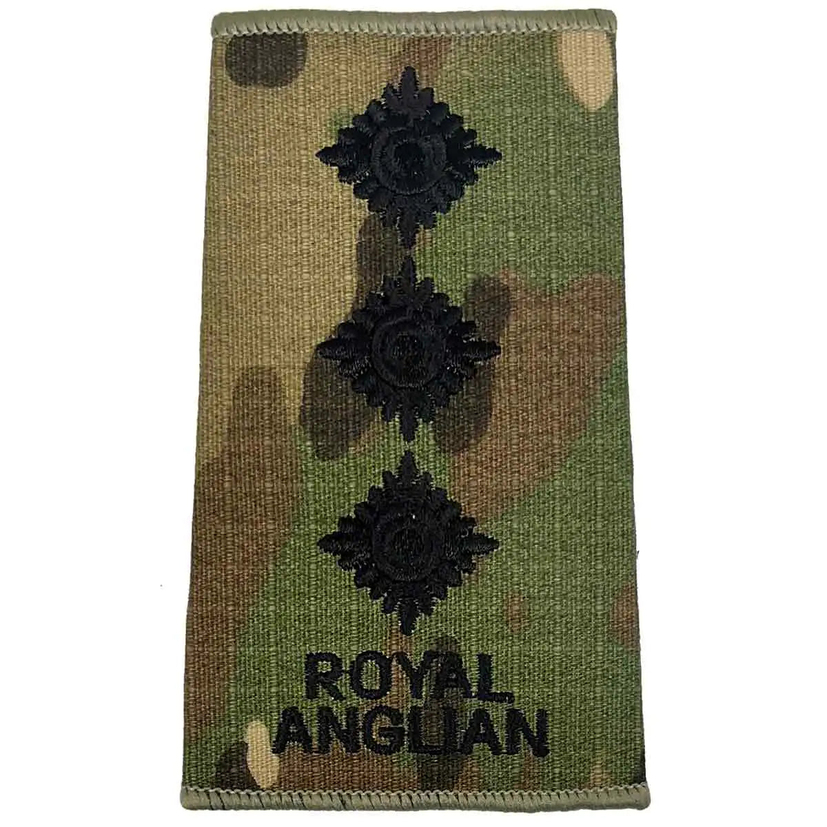Royal Anglian Rank Slide Multicam with three pips, embroidered in dark green, indicating captain rank in the Royal Anglian Regiment. Captain from John Bull Clothing